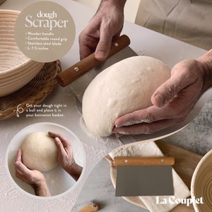 May include: A dough scraper with a wooden handle and stainless steel blade, 7.5 inches long, is held over a ball of dough. The image also shows a banneton basket and the text "Get your dough tight in a ball and place it in your banneton basket."