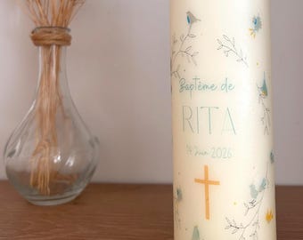 Bougie personnalisée hirondelles, cierge baptême, communion, naissance, mariage