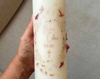 Bougie personnalisée hirondelles terracotta, cierge baptême, communion, naissance, mariage