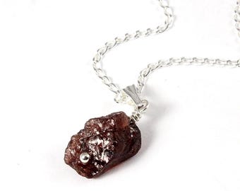 Raw Garnet Necklace on Sterling Silver Chain - Natural Rough Gemstone - Birthstone Gift