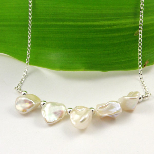 Keishi Pearl Necklace in Sterling Silver - Freshwater Pearls Statement Necklace - Flower Petal Necklace - Bridesmaid Gift