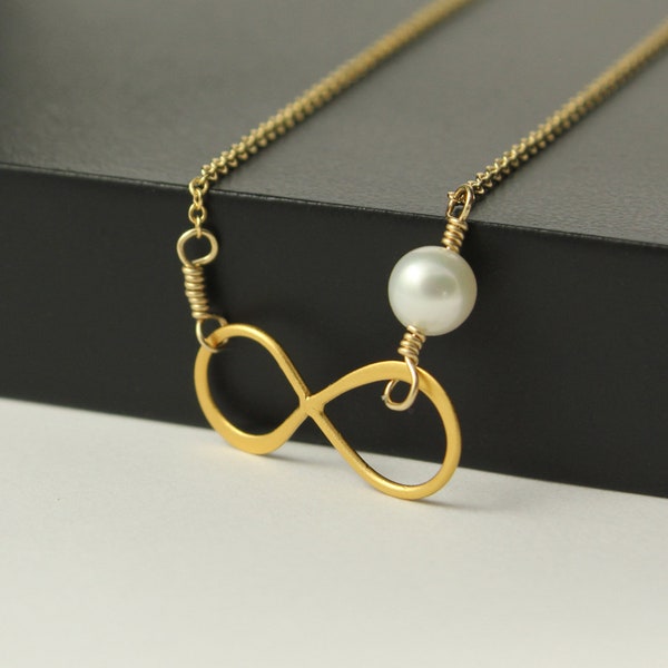 24K Gold Infinity Necklace with Pearl - Vermeil Infinity - Freshwater Pearl - Figure 8 Forever Link Friendship Necklace