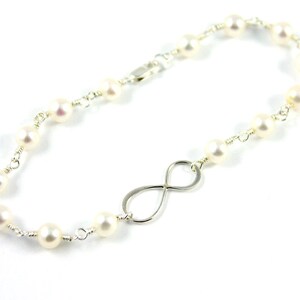 Infinity Bracelet - White Freshwater Pearls - Figure Eight Charm - Bridesmaid Jewelry - June Birthstone - Mother's Day Gift