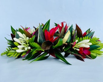 Fresh handmade floral crown red Ginger Papaya  lei po'o birthday wedding bridal graduation - pick up O'ahu (HI) shipping not available