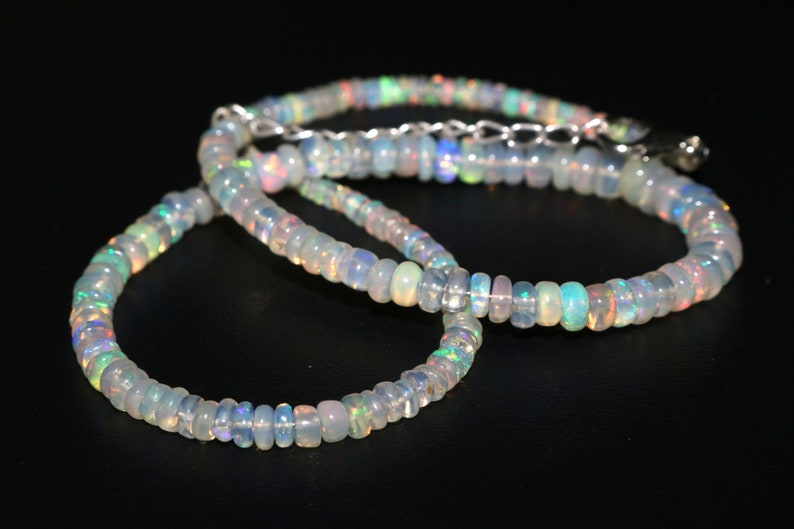 Welo Power Ethiopian Opal Smooth Rondelle Beads Necklace AAA Sterling Silver Beaded Necklace October Birthstone
