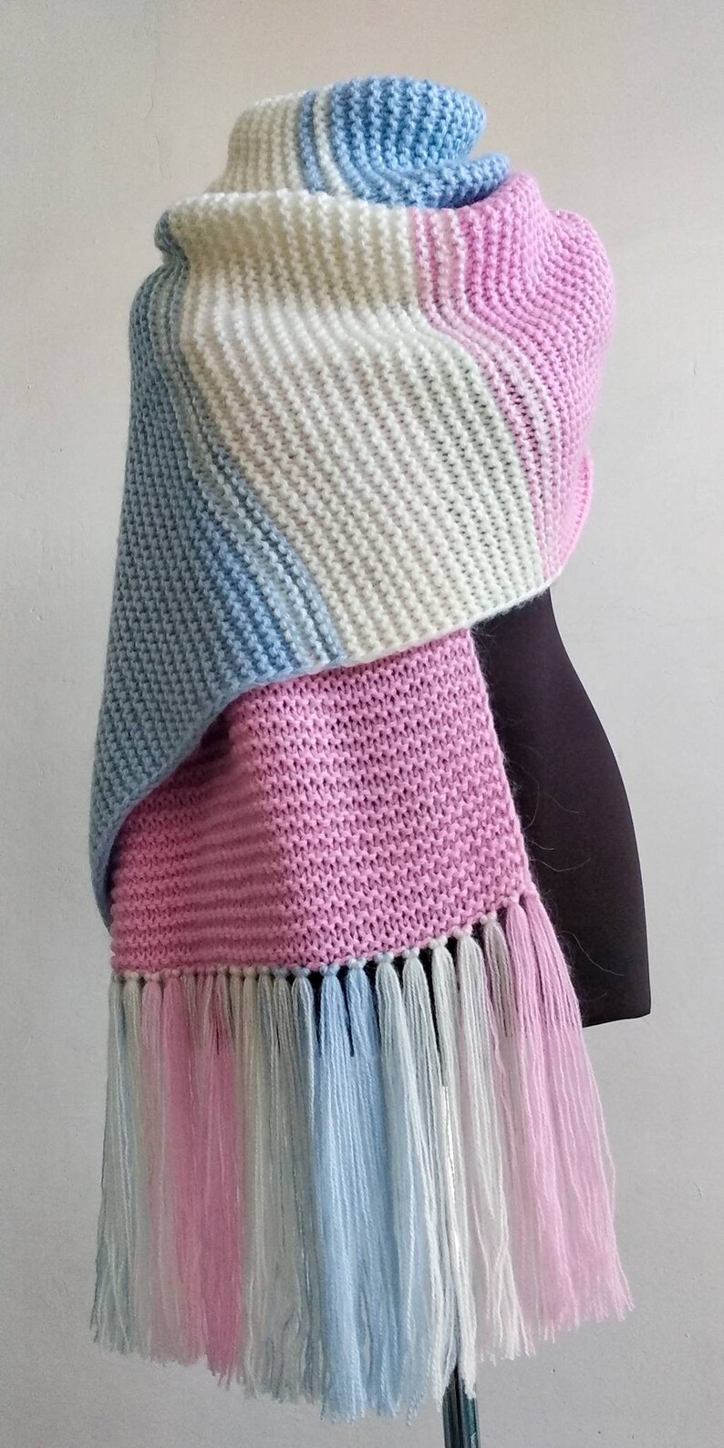 Pink White and Blue Oversize Chunky Knit Scarf With Fringe Etsy