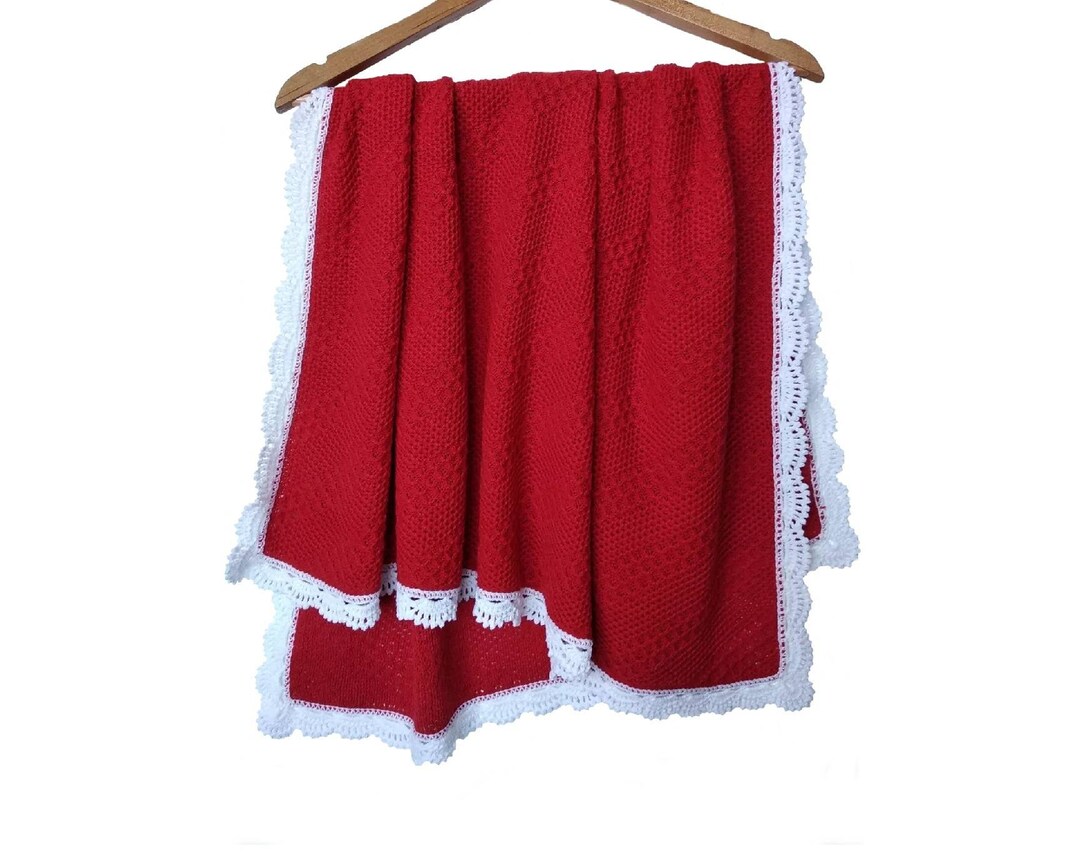 Red Baby Blanket With Crochet Lacy Edging Lightweight Etsy