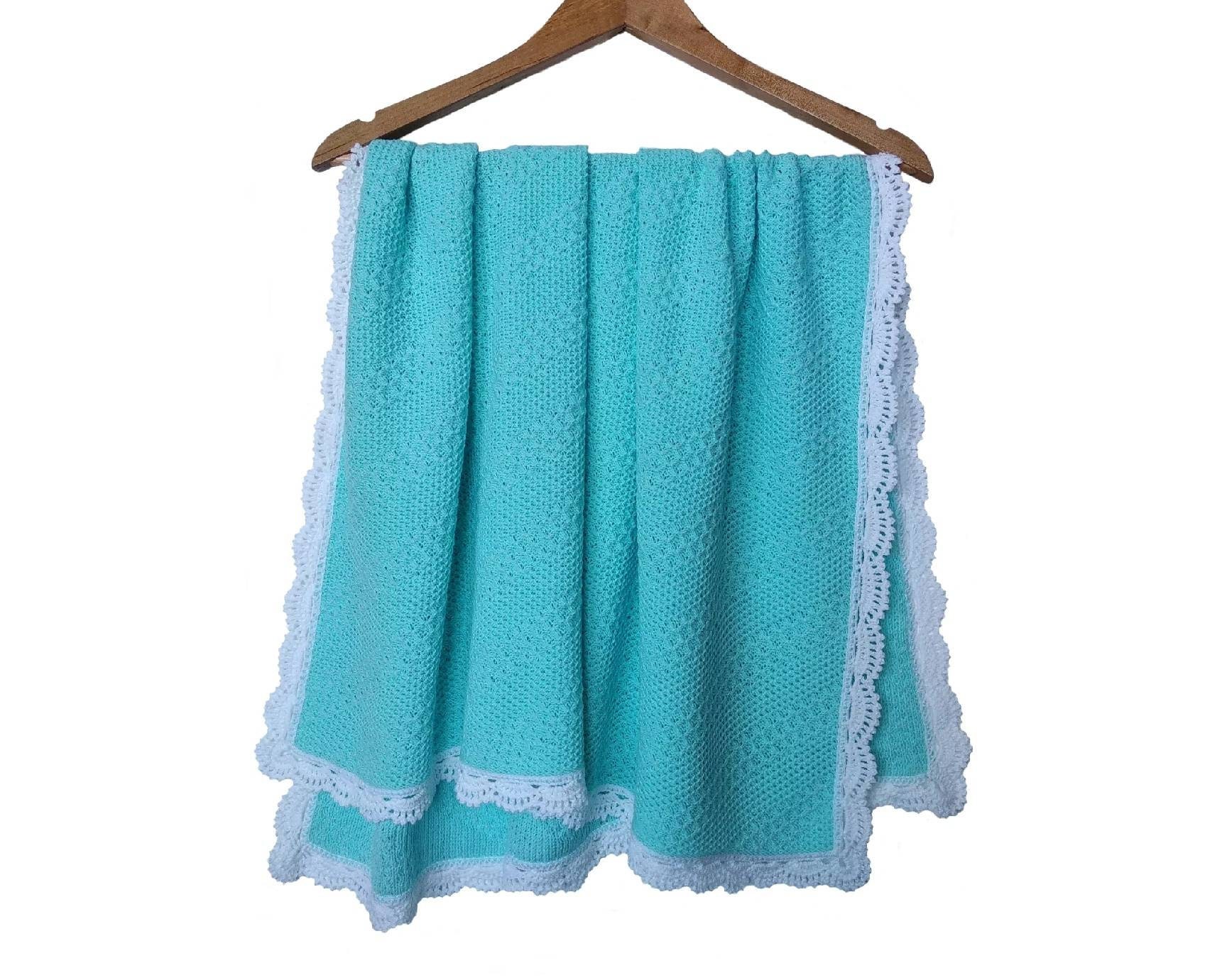 Aqua blue baby blanket with crochet lacy edging Lightweight Etsy