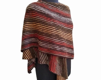 Triangle rustic shawl knitted in brown to orange colour for women | Warm asymmetric multicolor wrap for her | Handmade gift idea