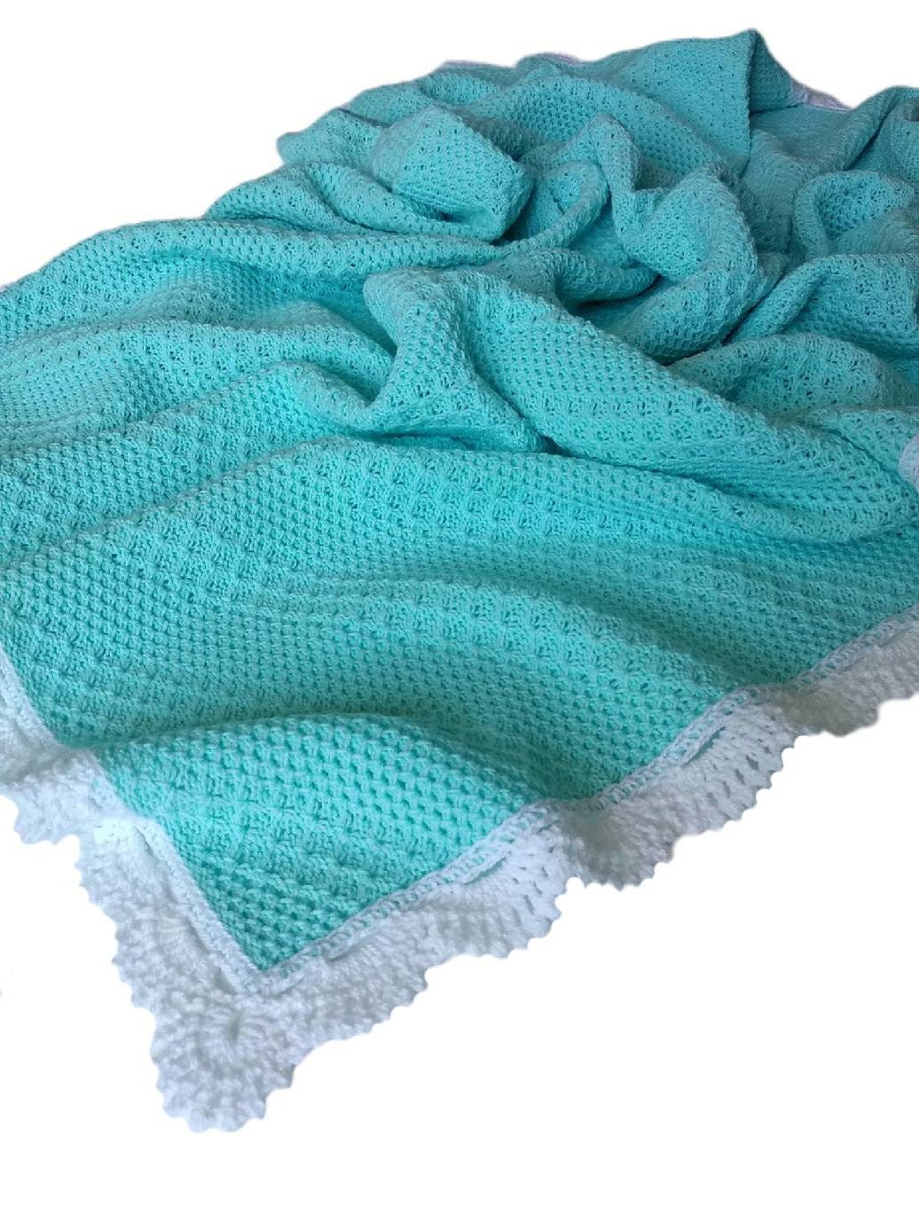 Aqua blue baby blanket with crochet lacy edging Lightweight Etsy