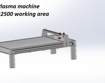 Könnte beinhalten: Eine graue CNC-Plasmaschneidemaschine mit einem Arbeitsbereich von 1250x2500 mm.