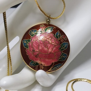 Cloisonne Rose Flower Double Sided Pendant, Gold Tone Long Chain, 1960s Vintage Jewelry image 1