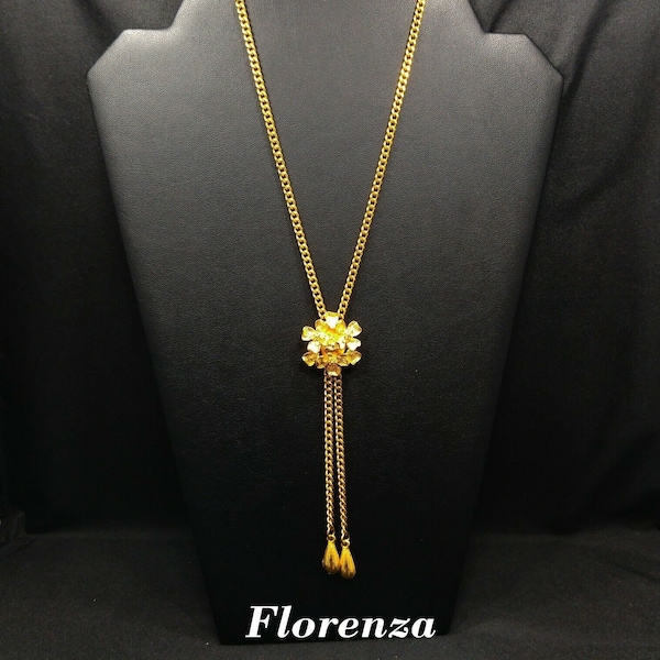 Vintage Florenza Lariat Floral Pendant, Gold Plated, Adjustable, 1960s Vintage Jewelry