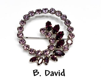 B. David Purple Rhinestone Floral Brooch, Rhodium Plated, 1960s Vintage Jewelry