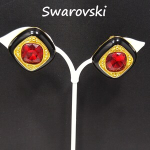 Swarovski Red Crystal Black Enamel Earrings, Gold Plated, 1980s Vintage Jewelry