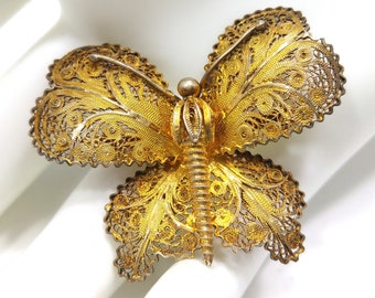 Topazio Portugal Sterling Silver Butterfly Brooch, Gold Vermeil Filigree,