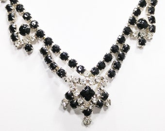 Vintage Black & Clear Rhinestone Festoon Necklace, Rhodium Plating, 1950s Vintage Jewelry