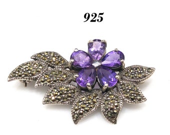 Sterling Marcasite Amethyst Flower Brooch, Silver 925, 1970s Vintage Jewelry