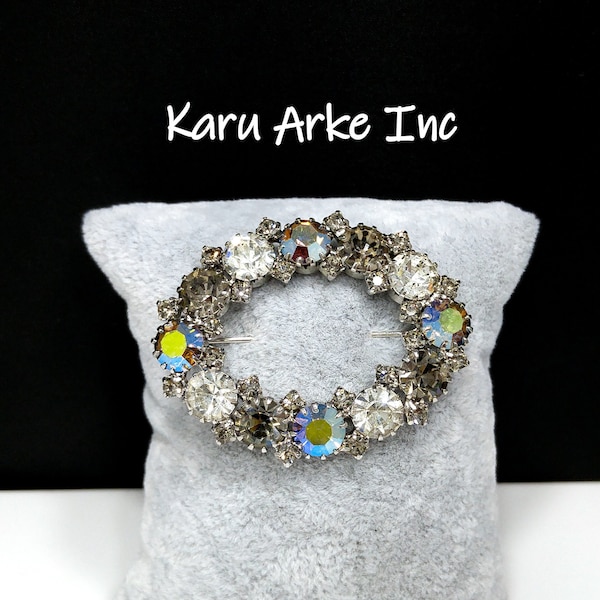 Karu Arke Aurora Borealis Brooch, Clear AB Black Diamond Rhinestones, 1950s Vintage Jewelry