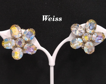 Weiss Aurora Borealis Clear Rhinestone Earrings, Flower Clip Earrings, 1950s Vintage Jewelry