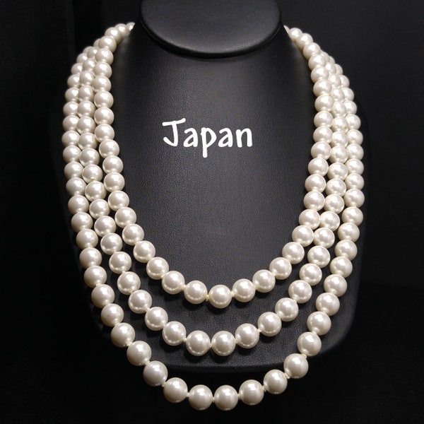 Mid Century Japan Faux Pearls Necklace, Three Strands, 1950s Vintage Jewelry