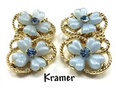 KRAMER Lucite Blue Flower 14 K Gold Filled Clip Earrings Light Blue Rhinestone Floral Lt Blue Thermoset Petals Rhinestones Vintage Jewelry