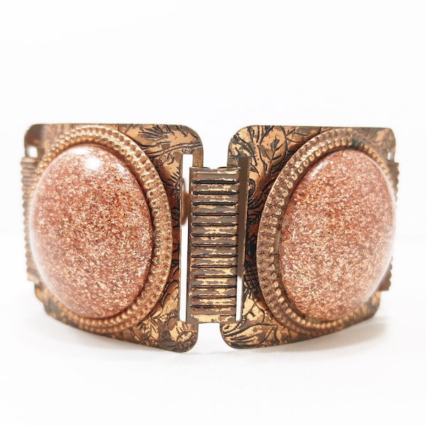Vintage Selro Selini Style Bracelet, Glitter Gold Stone Lucite Cabochons, Copper Plated, 1950s Vintage Jewelry
