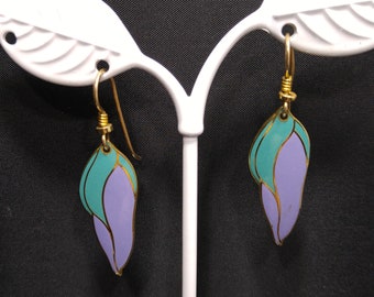 Laurel Burch "Barbee's Blossom" Earrings, Green & Purple, Gold Plated, 1980s Vintage Jewelry