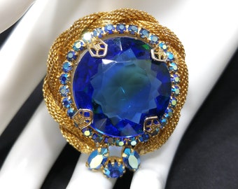 Large Blue Glass & AB Rhinestones Brooch, Gold Plated Mesh Frame, 1960s Vintage Jewelry