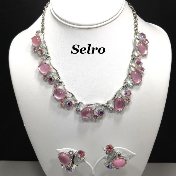 Selro Pink Lucite Necklace & Earrings, Aurora Borealis Pink Rhinestones, 1960s Vintage Jewelry