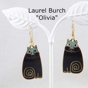 Laurel Burch Olivia Cat Earrings, Gold Plated, Black Enamel, 1980s Vintage Jewelry image 1