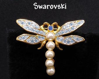 Vintage Swarovski Dragonfly Brooch, Swan Logo, Gold Plated, 1990s Vintage Jewelry