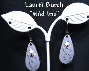 Laurel Burch "Wild Iris"  Cloisonne Earrings, Enamel in Lavender White & Pink Flower, Rhodium Plate, 1980s Vintage Jewelry