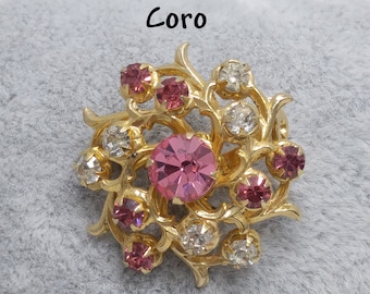 Coro Pink Rhinestone Brooch, Gold Plated Scatter Pin, 1940s Vintage Jewelry