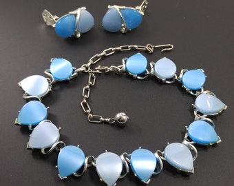 Mid Century Leaves Blue Necklace & Earrings, Thermoset Links, Silver Tone, 1950s Vintage Jewelry