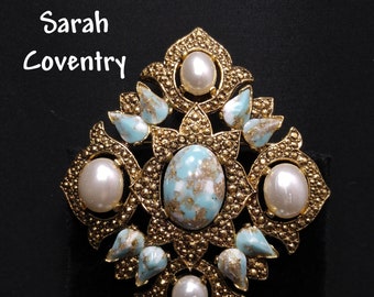 Sarah Coventry Turquoise Pendant Brooch, Faux Pearls, 1960s Vintage Jewelry