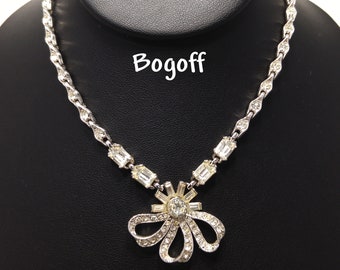 Bogoff Clear Rhinestone Pendant Choker Necklace, Rhodium Plated, 1950s Vintage Jewelry