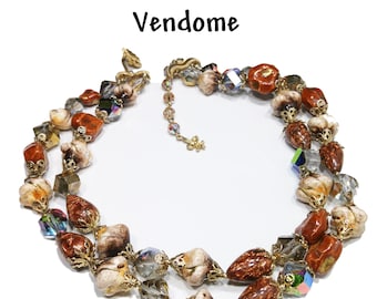 Vendome Two Strand Beaded Necklace, Crystals & Art Glass, 1950s Vintage Jewelry