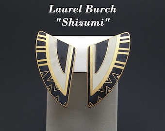 Laurel Burch geometrische grote clip oorbellen, zwart wit emaille, verguld, jaren 1990 vintage sieraden