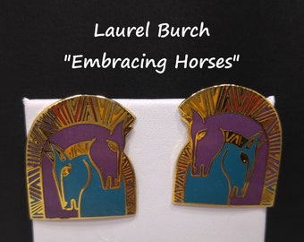 Laurel Burch "Embracing Horses" Post Earrings, Purple & Teal Enamel, Gold Plated, 1980s Vintage Jewelry