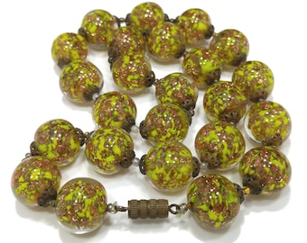 Vintage Green Venetian Glass Beaded Necklace, Copper Aventurine Italian Beads, 1930s Vintage Jewelry