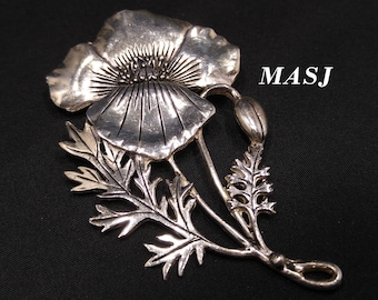 MASJ Silver Plated Flower Brooch & Pendant, Large Floral Brooch, 1980s Vintage Jewelry