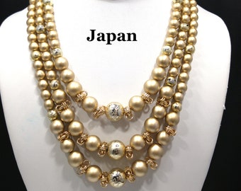 Japan Three Strand Gold Beaded Necklace, Art Beads, 1950s Vintage jewelry