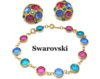 Swarovski Bezel Set Crystal Bracelet & Earrings, Multi Colored, Gold Plated, 1980s Vintage Jewelry