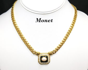 Monet Faux Pearl Black Enamel Pendant Necklace, Gold Plated, Cuban or Curb Chain, 1980s Vintage Jewelry