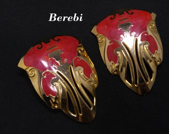 Edgar Berebi Large Red Enamel Clip Earrings, Large Openwork Design, 1980s Vintage Jewelry