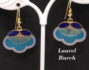 Laurel Burch Blue Teal Flower Earrings, Gold Plated, 1980s Vintage Jewelry