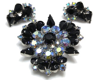 Black Aurora Borealis Brooch & Earrings, Rhodium Plated, 1960s Vintage Jewelry