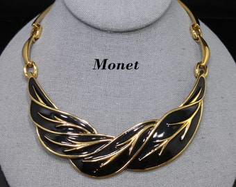 Monet Black Enamel Leaves Choker Necklace, Gold Plated, 1980s Vintage Jewelry