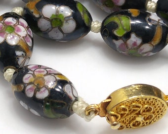 Vintage Cloisonné Beaded Necklace, Black Hand Painted Floral Beads, 1960s Vintage Jewelry
